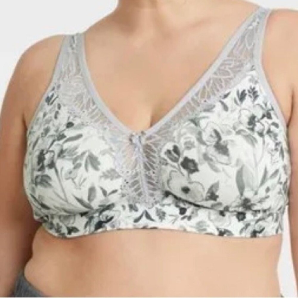 NWT, Auden Women's Plus White/Gray Floral Print Lace unlined Wirefree  BRA 46 DD